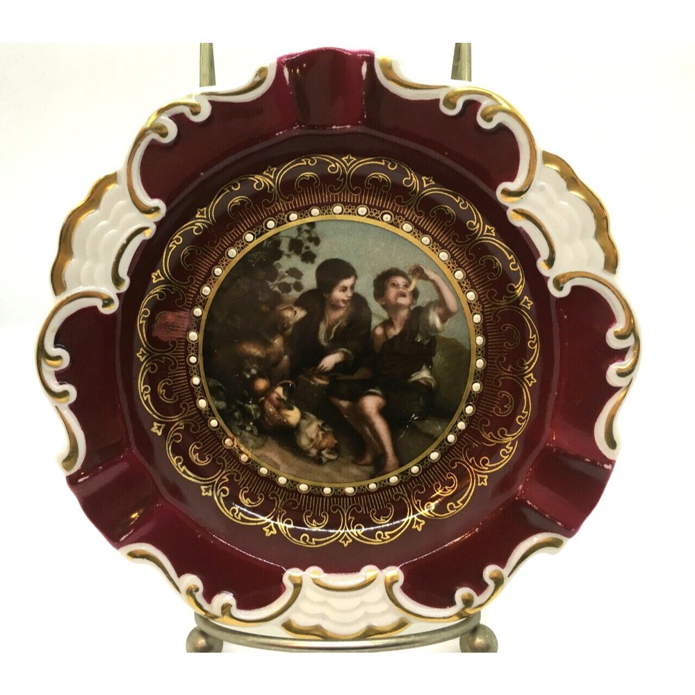 MITTERTEICH Portrait Trinket Dish Ashtray Boys Dog Porcelain Bavaria Germany